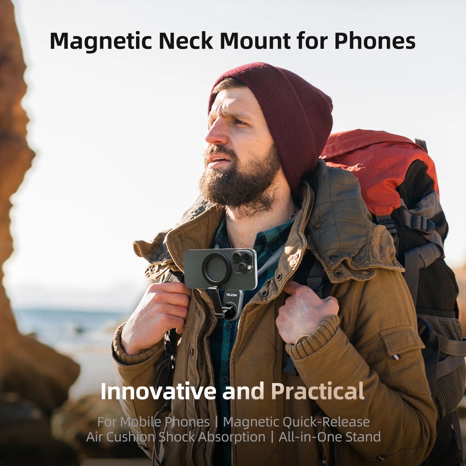 TELESIN Magnetic Neck Mount for Phones Neck Cell Phone POV Mount Phone Neck Holder Chest Stand Strap for iPhone Android Phones